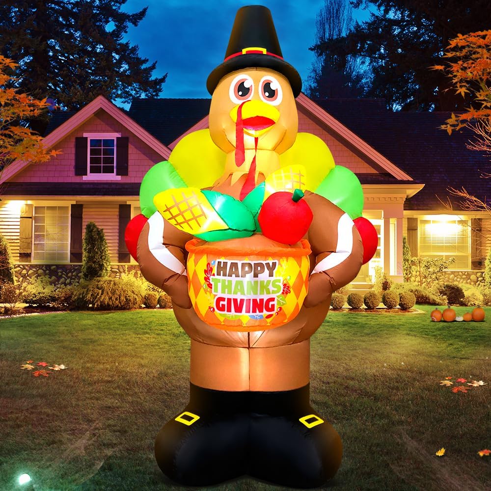 8FT Thanksgiving Inflatable Turkey Fruit Basket Thanksgiving Inflatables Outdoor Decorations with LED