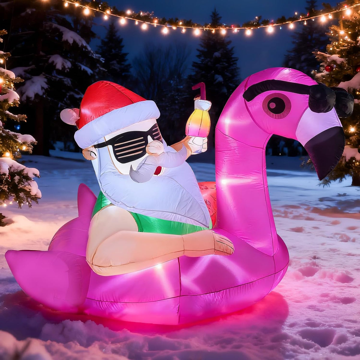 9 FT Hawaiian Santa on Flamingo Pool Float Christmas Inflatable Outdoor Decoration, Christmas Blow Up Santa