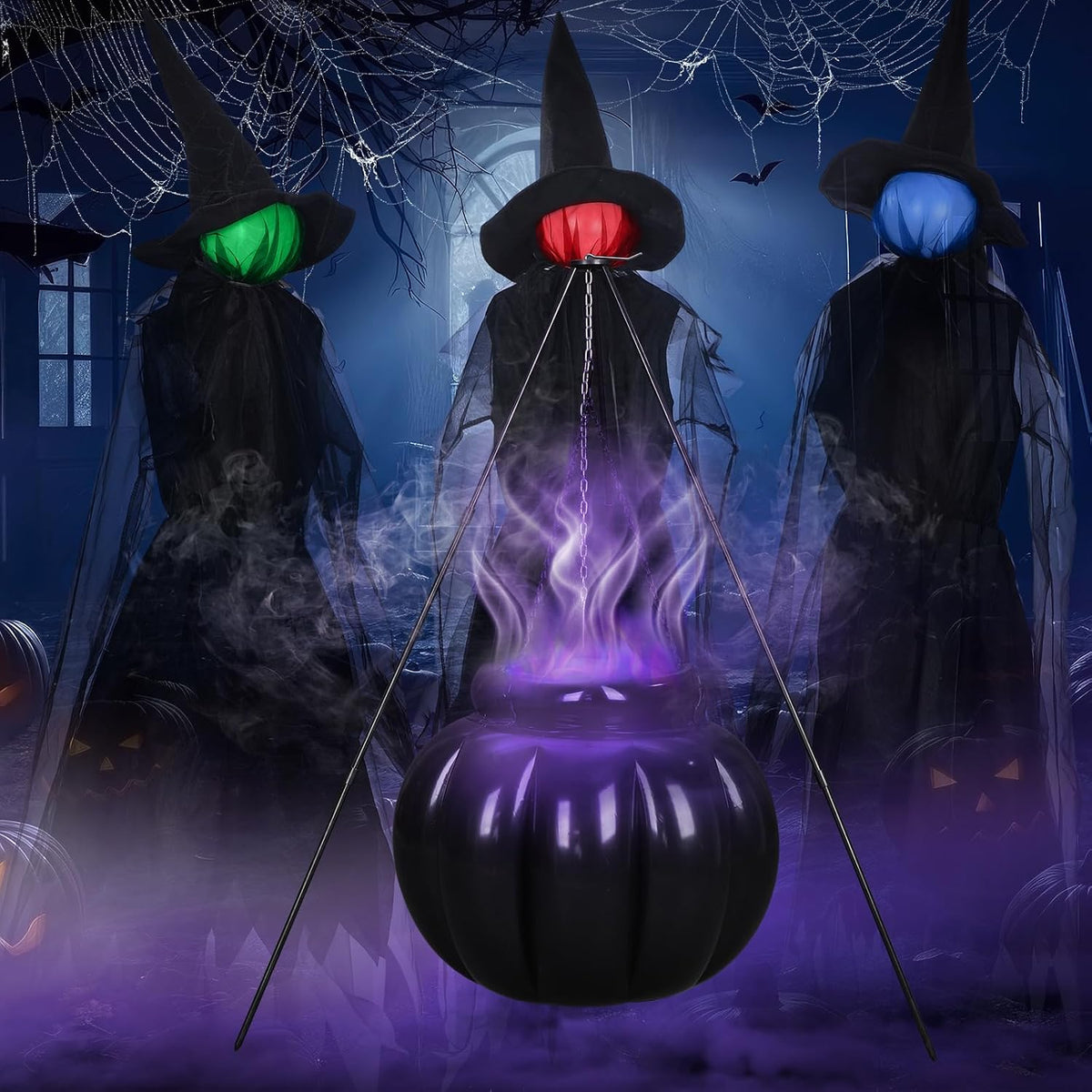 Knitgrip Set of 6 Halloween Outdoor Decor Light up Witch Decor / Light up Witch Stakes with Tripod Cauldron,