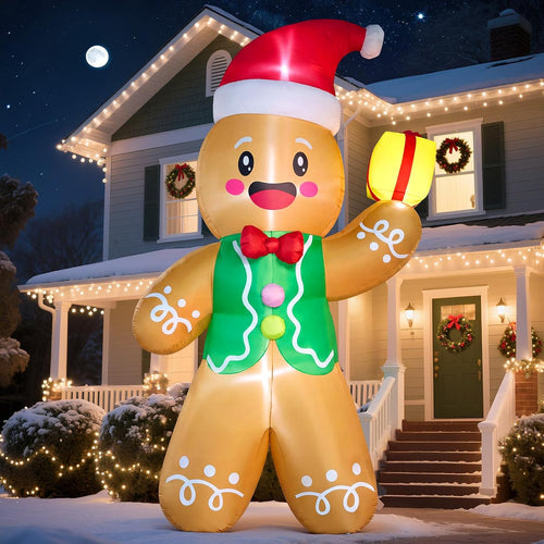 14FT Christmas Inflatables Outdoor Decoration Gingerbread Man, Dual Blowers, Giant Blow Up Yard Decor with 5