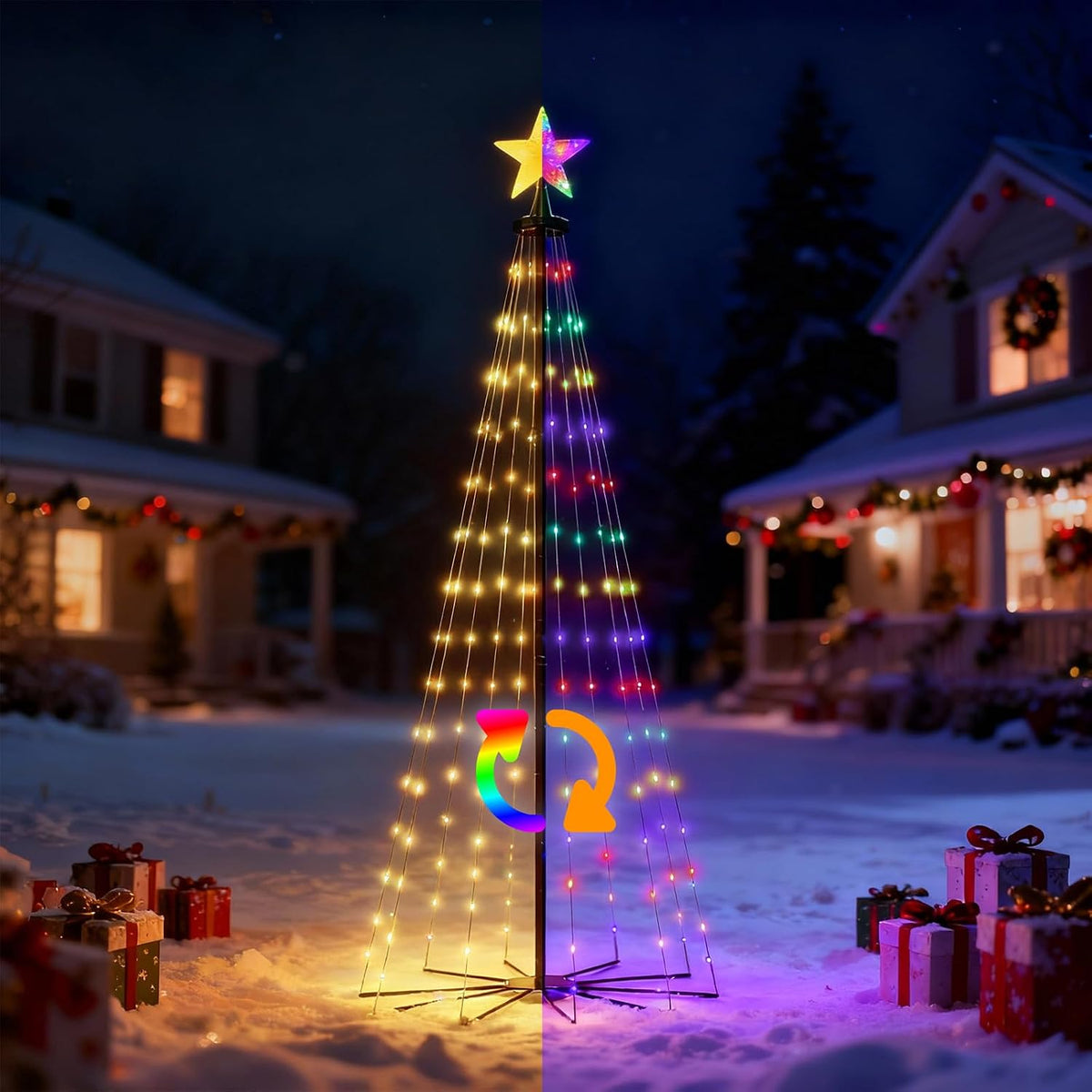 Christmas Cone Tree Lights Outdoor, 6' Multicolor & WarmWhite Prelit Christmas Tree with 8 Modes Remote,