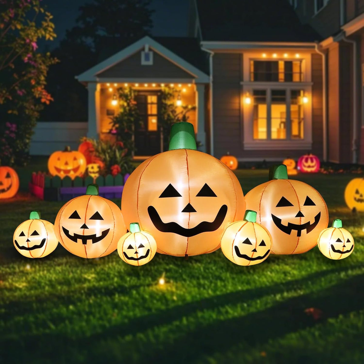 8.7 FT Long Halloween Inflatable Pumpkins, 7 Cute Patch with Built-in LEDs, Outdoor Yard Decoration for