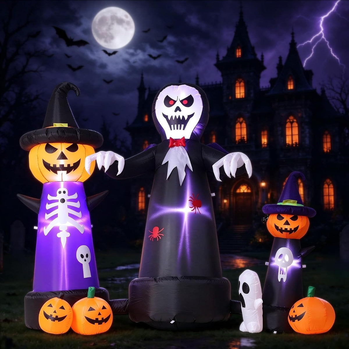 9FT Halloween Inflatables Outdoor Decoration, Giant Skull Ghost with Pumpkin Wizards Inflatable with LED