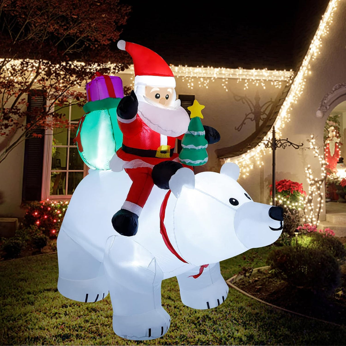 DR.DUDU 6 Ft Christmas Inflatable Santa Claus with Polar Bear and Christmas Tree, Build-in LED Lights Blow up