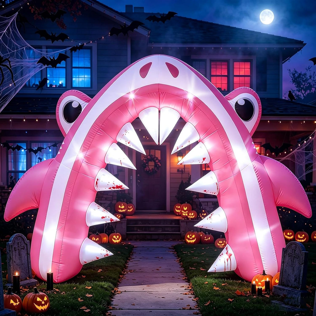 Eyourlife 13FT Halloween Pink Shark Inflatable Arch for Yard Lawn Decor / Giant Shark Blow Up with Built-in 6