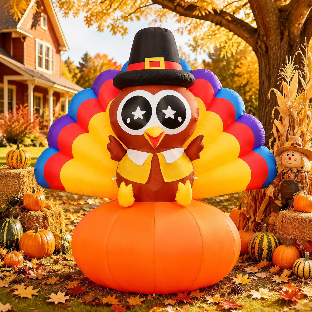 6.5FT Thanksgiving Inflatable Turkey Outdoor Decorations with Pumpkin / Lighted Fall Blow Up Yard Decor for