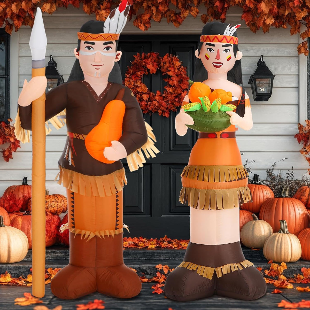 Leyndo 6ft Thanksgiving Harvest Native American Inflatable Outdoor Decorations Indian Man & Woman Combo Blow