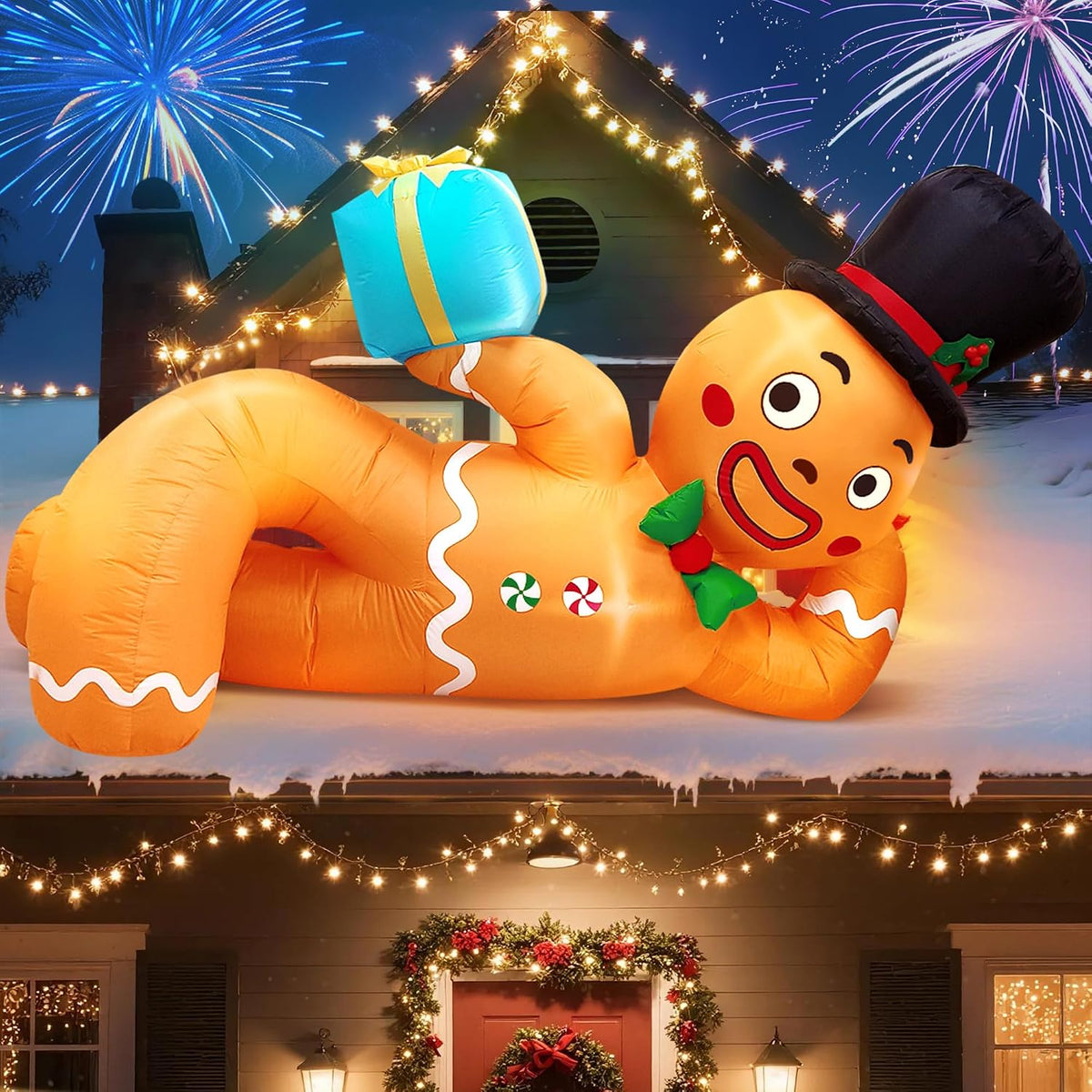 CORALMEE 10FT Christmas Inflatable Outdoor Decoration, Lying Gingerbread Inflatable Blow up Yard Decorations