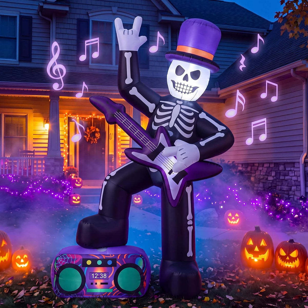 Hollowfly 6 ft Halloween Skeleton Inflatable with Guitar, LED Lights Music / Inflatable Skeleton with Music