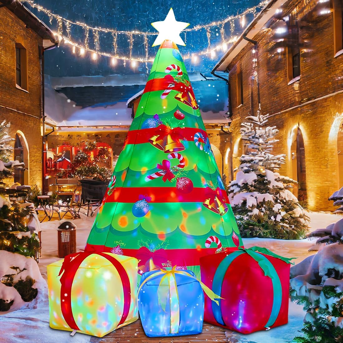COMIN 7 FT Christmas Inflatables Tree Outdoor Decorations Blow Up Yard Present Box with Built-in LEDs for