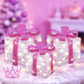 Set of 3 Christmas Decorations, hot Pink Bow Holiday Decor / Waterproof iron frame lighted gift box, silver