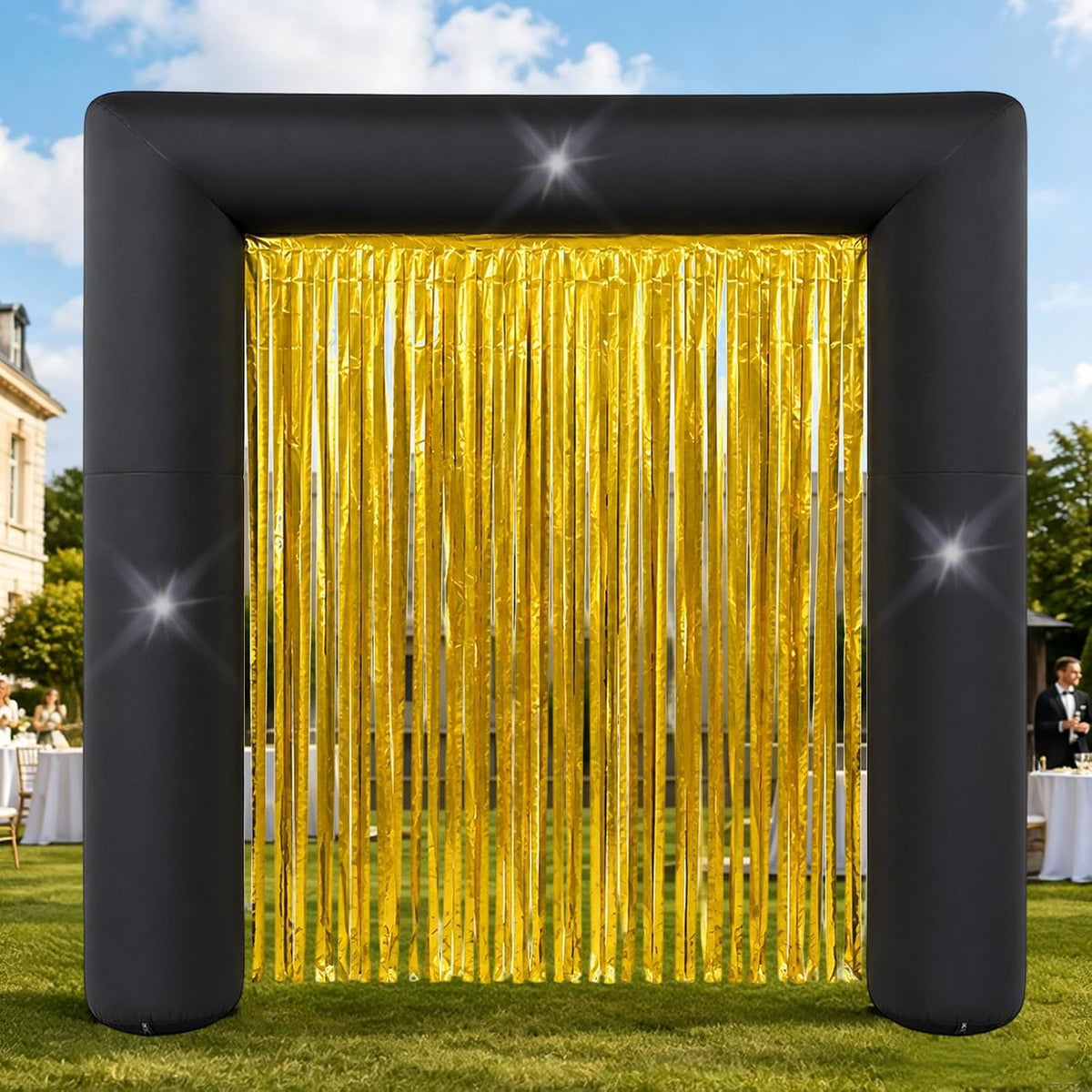 7.8FT Black and Gold Inflatable Arch for Outdoor Party Decorations / Black Blow Up with Gold Fringe Curtain