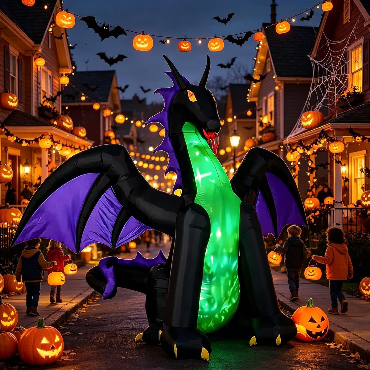 RHFJAKA 8 FT Outdoor Halloween Inflatable Dragon Yard Decoration with LED / Halloween Outdoor Yard Decor,