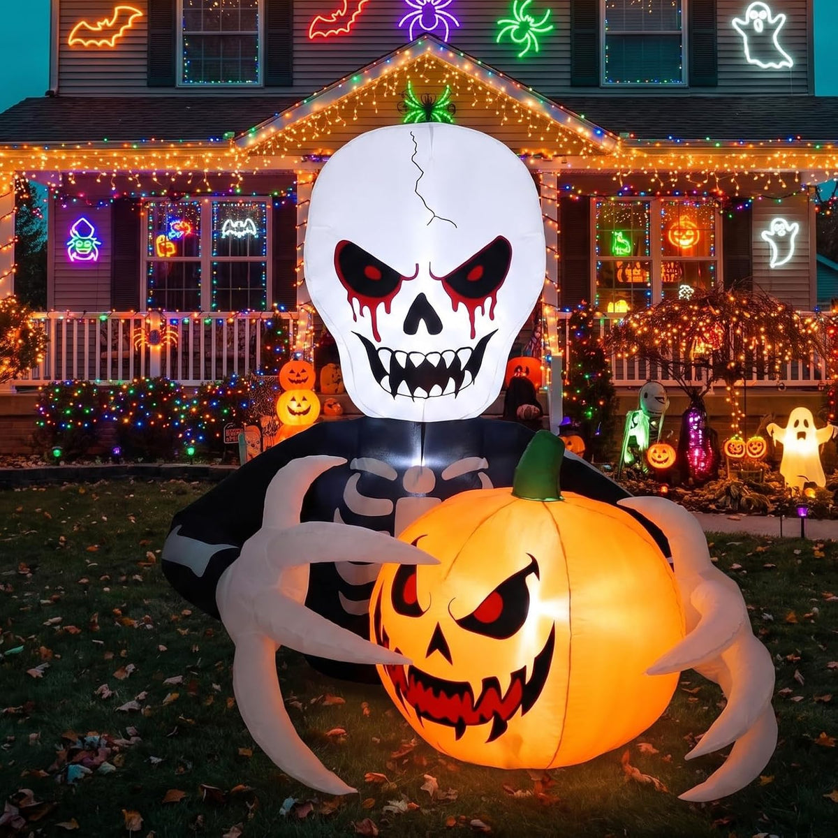 Gardwin 7 FT Halloween Inflatables Skeleton Reaper with Jack-o'-Lantern Outdoor Decorations, Inflatable Yard