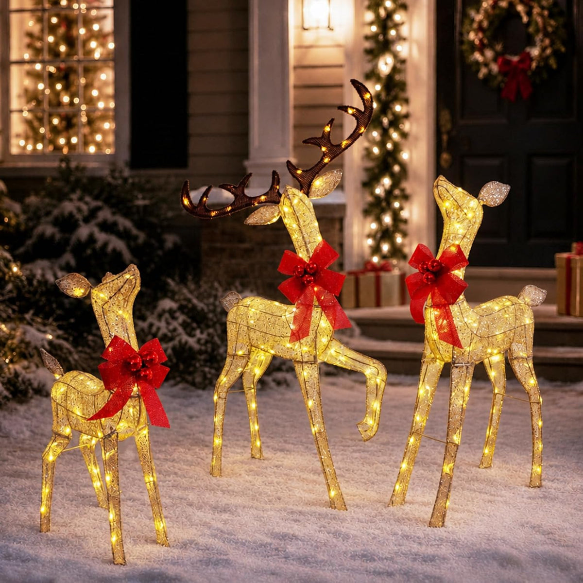 DrVIBES 3-Piece 4.3FT 3D Lighted Christmas Reindeer Family Set Gold / Outdoor Christmas Decorations Deer with