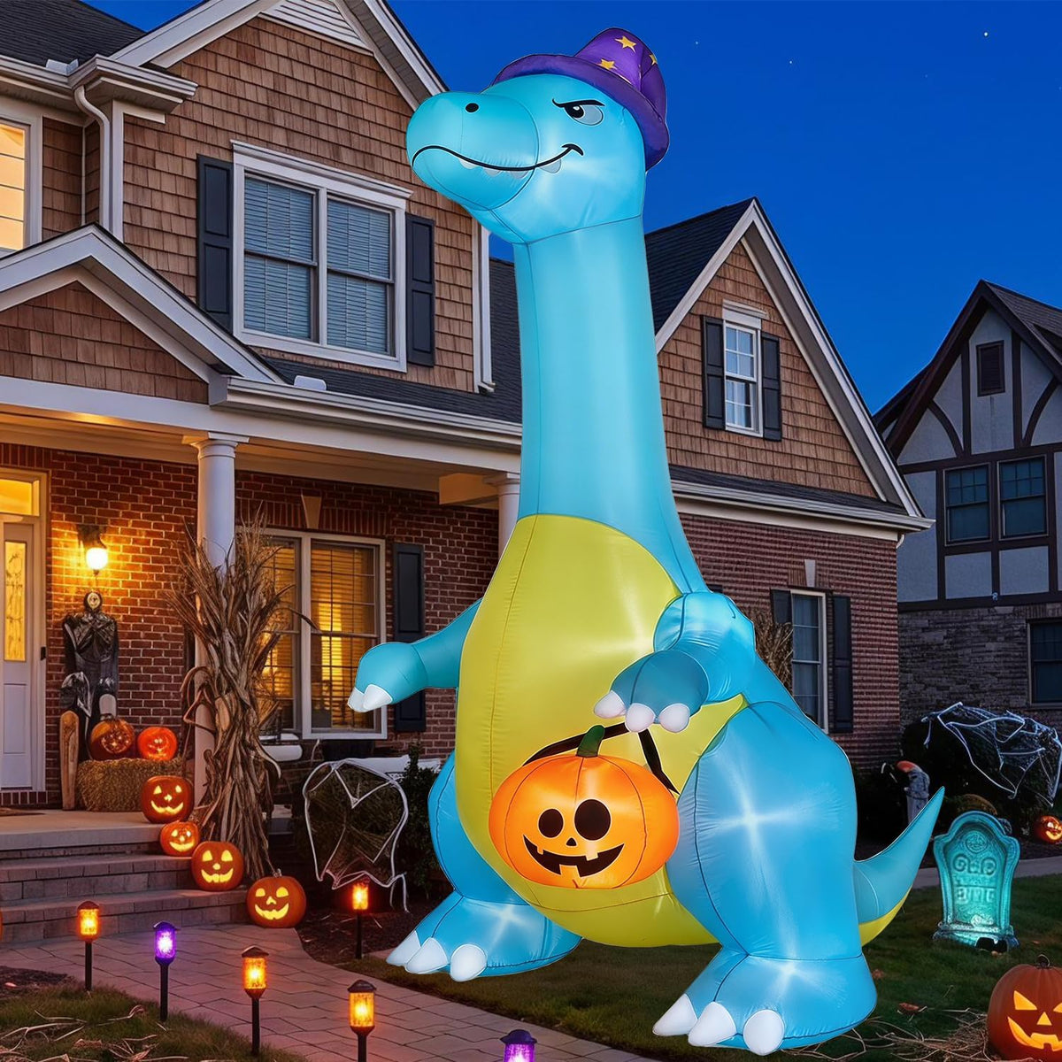 Halloween Decorations Outdoor Inflatables 12FT Dinosaur Witch Hat Pumpkin / Giant Halloween Blow Up Yard